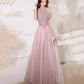 Pink tulle beads long prom dress A line evening gown  10299