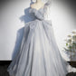 Gray tulle long ball gown dress A line evening gown  10273