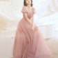 Pink tulle long prom dress pink evening gown  10258