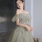 Green tulle sequins long prom dress A line evening dress  10225