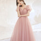 Pink tulle long prom dress pink evening gown  10258
