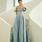 Blue satin long A line prom dress blue evening dress  10215