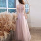 Pink tulle beads long prom dress A line evening gown  10299