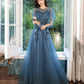 Blue tulle lace long prom dress blue evening gown  10286