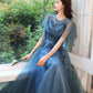 Blue tulle lace long prom dress blue evening gown  10286