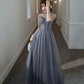 Gray tulle beads long prom dress A line evening gown  10278