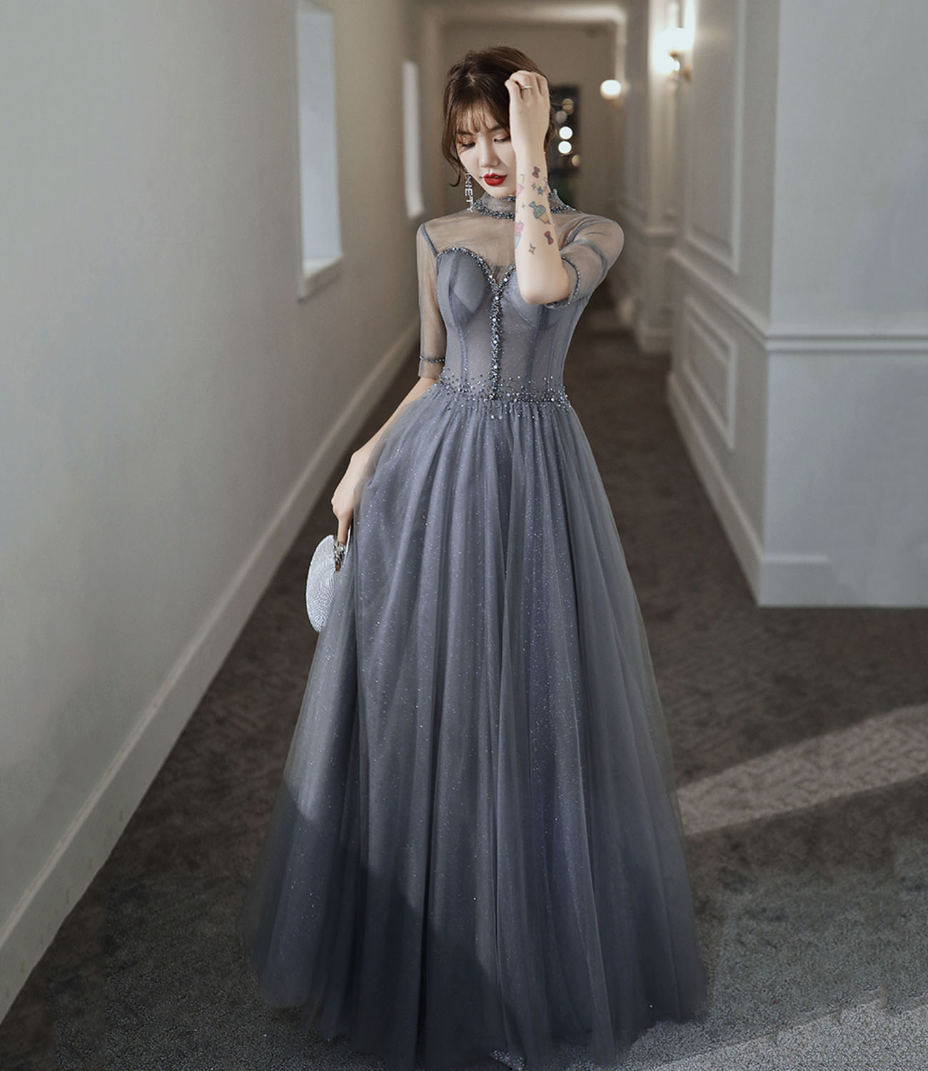 Gray tulle beads long prom dress A line evening gown  10278