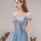 Blue tulle beads long prom dress blue evening dress  10283