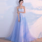 Blue tulle lace long prom dress blue evening gown  10211