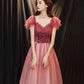 Burgundy tulle long prom dress A line evening gown  10256