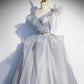 Gray tulle long ball gown dress A line evening gown  10273