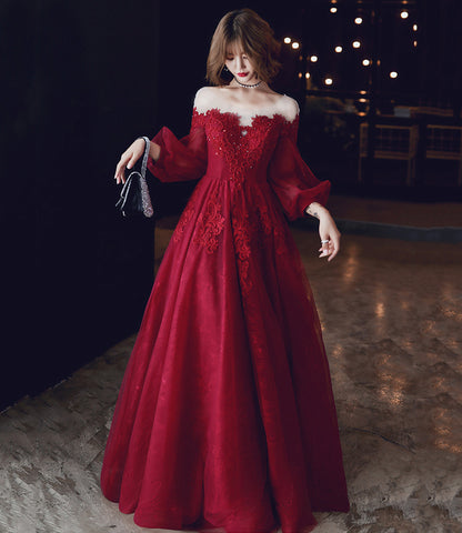Burgundy lace long prom dress A line evening dress  10213