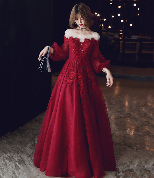 Burgundy lace long prom dress A line evening dress  10213