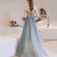 Blue tulle beads long prom dress blue evening dress  10283