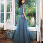 Blue tulle lace long prom dress blue evening gown  10286