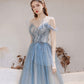 Blue tulle beads long prom dress blue evening dress  10283