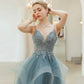 Blue tulle lace long prom dress blue evening gown  10241