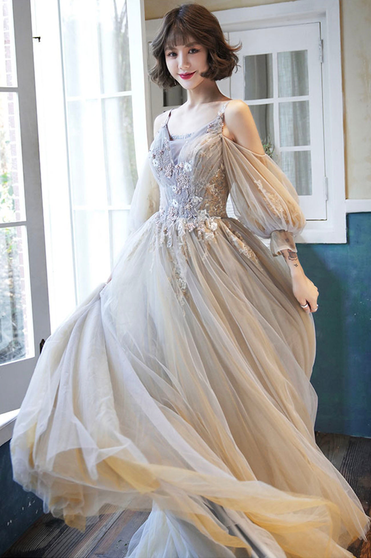 Cute tulle lace long prom dress A line evening dress  10171
