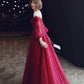 Burgundy lace long prom dress A line evening dress  10213
