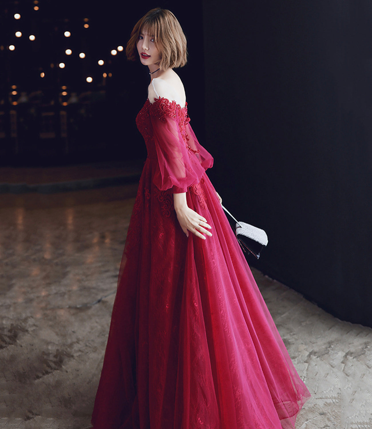 Burgundy lace long prom dress A line evening dress  10213