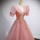 Pink tulle beads long prom dress A line evening gown  10162