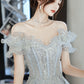 Gray tulle beads long prom dress gray evening gown  10170