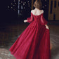 Burgundy lace long prom dress A line evening dress  10213