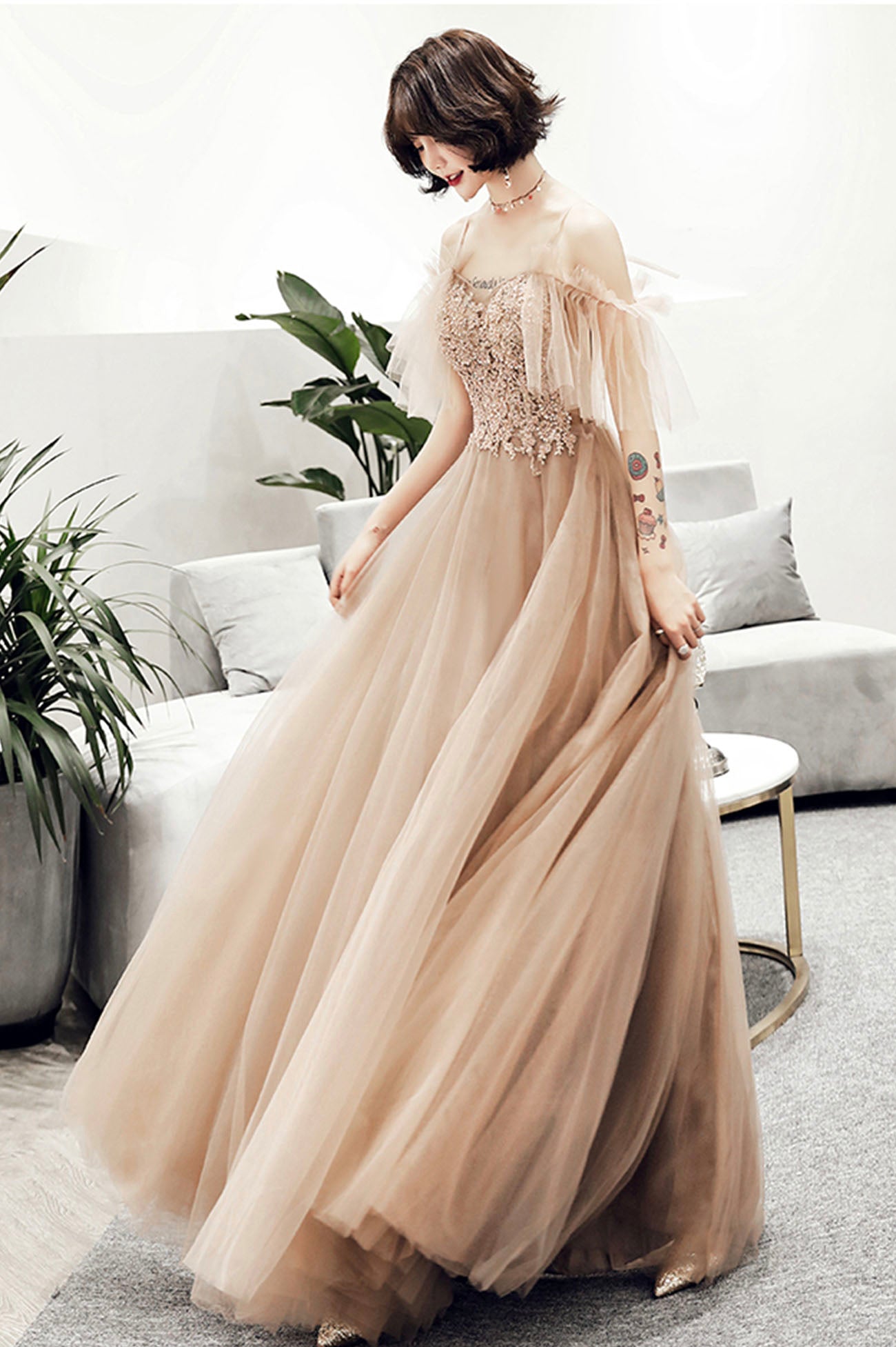 Cute tulle lace long prom dress A line evening dress  10167