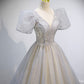 Gray tulle sequins long prom dress gray evening dress  10160