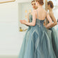 Blue tulle lace long prom dress blue evening gown  10241