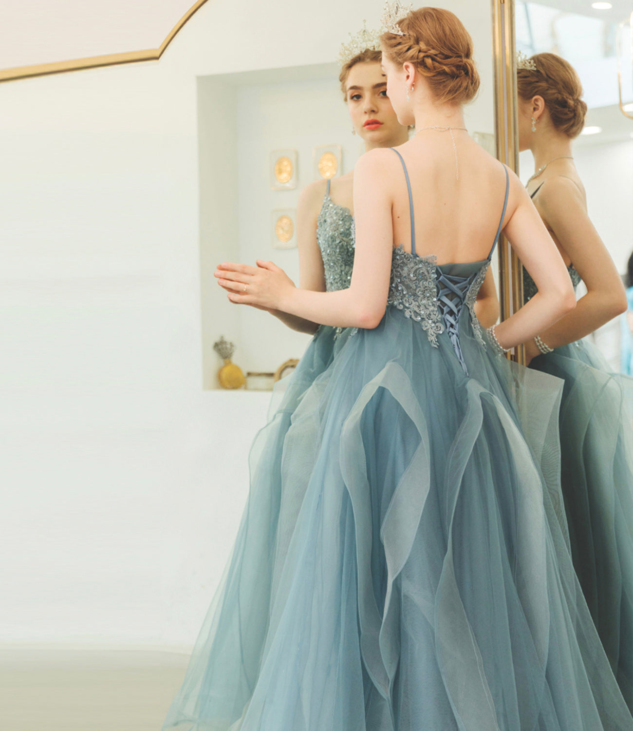 Blue tulle lace long prom dress blue evening gown  10241