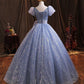 Blue tulle long prom dress A line evening gown  10229