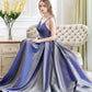 Blue satin long A line prom dress blue evening dress  10235