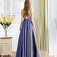 Blue satin long A line prom dress blue evening dress  10235