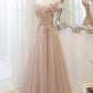 Pink tulle sequins long prom dress pink evening dress  10173