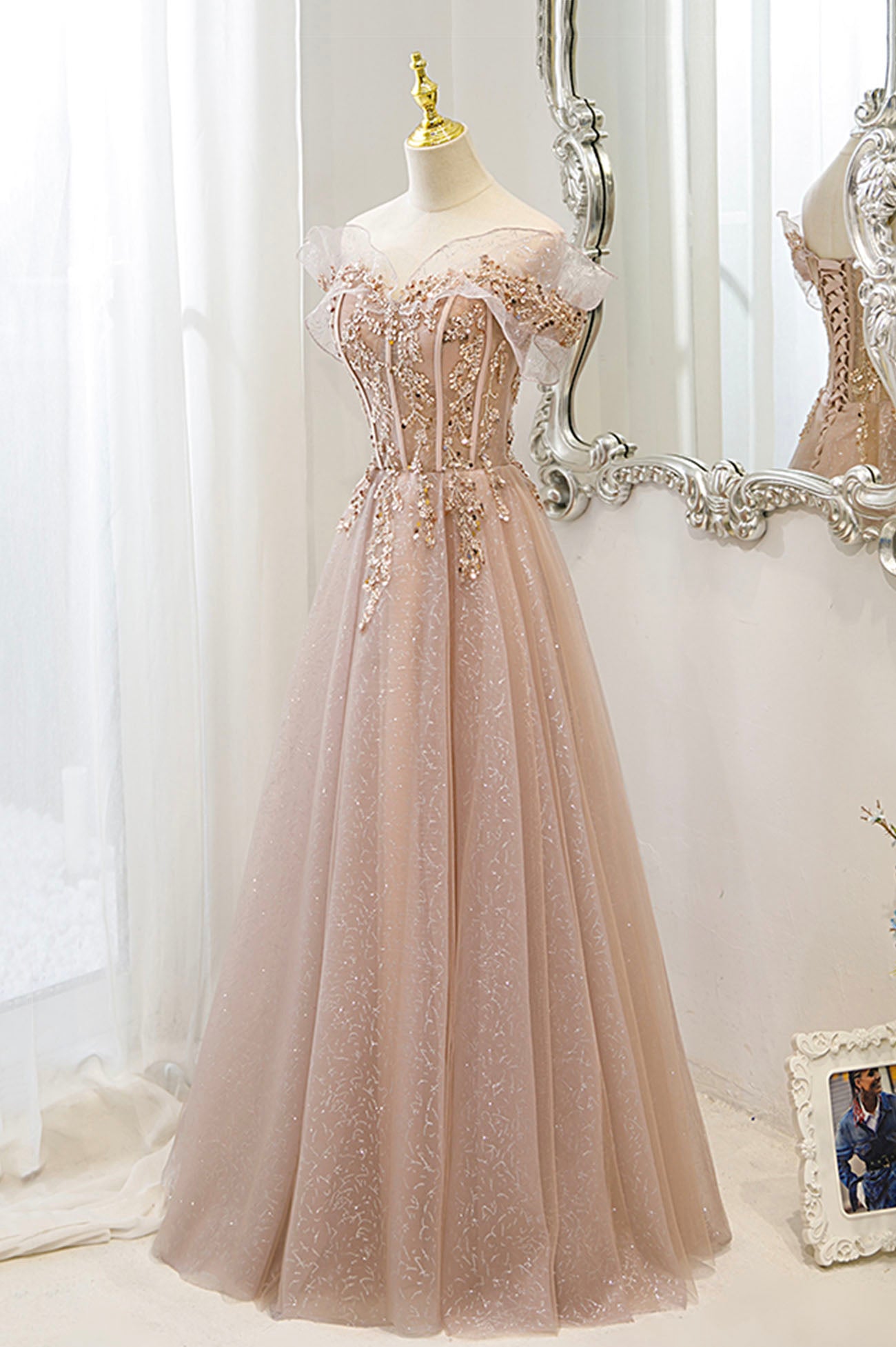 Pink tulle sequins long prom dress pink evening dress  10173