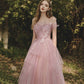 Pink tulle lace long prom dress pink evening gown  10188
