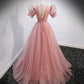 Pink tulle beads long prom dress A line evening gown  10162