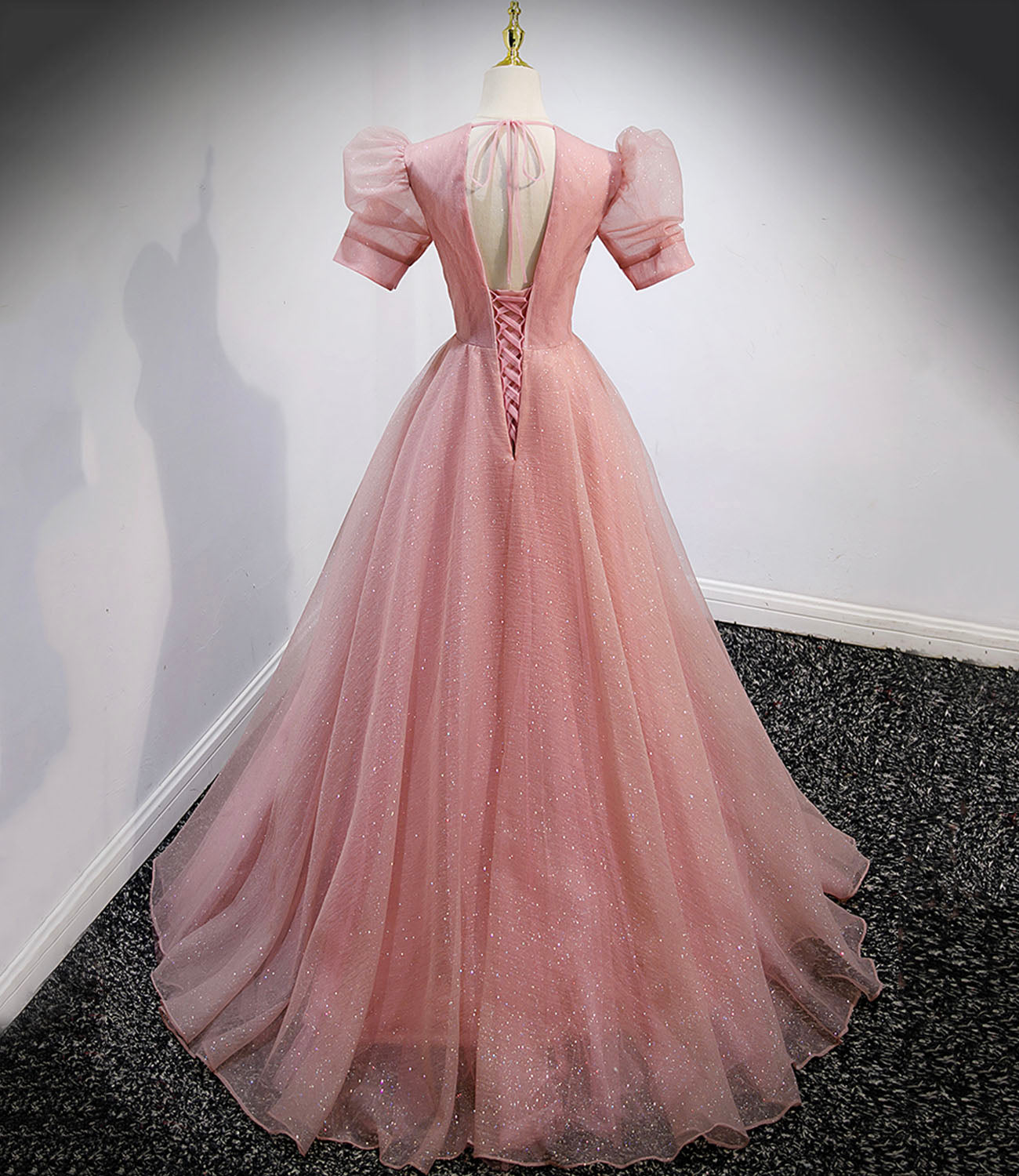 Pink tulle beads long prom dress A line evening gown  10162