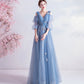Blue v neck tulle long prom dress A line evening dress  10144