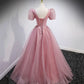 Pink tulle sequins long prom dress pink evening gown  10158