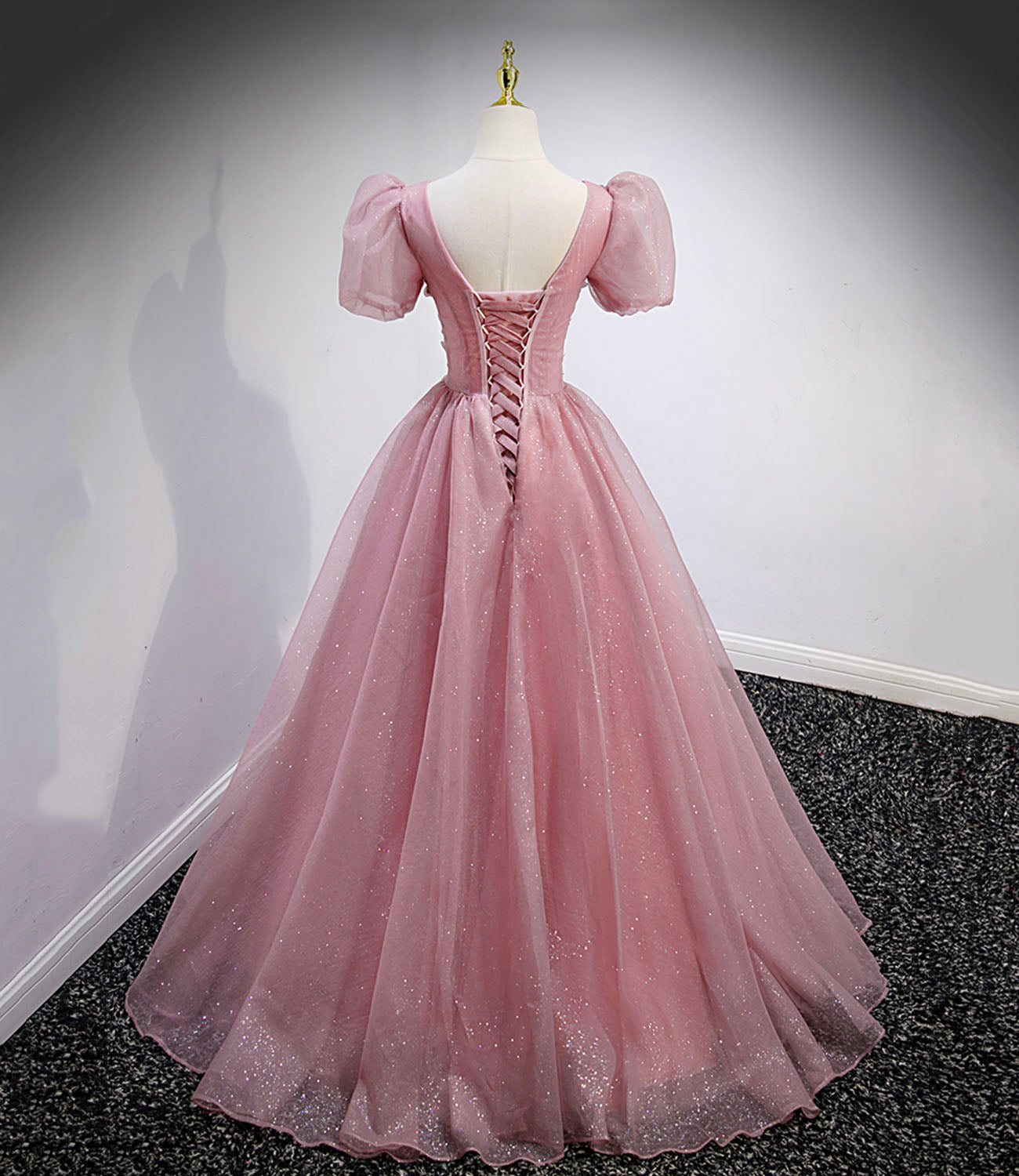 Pink tulle sequins long prom dress pink evening gown  10158