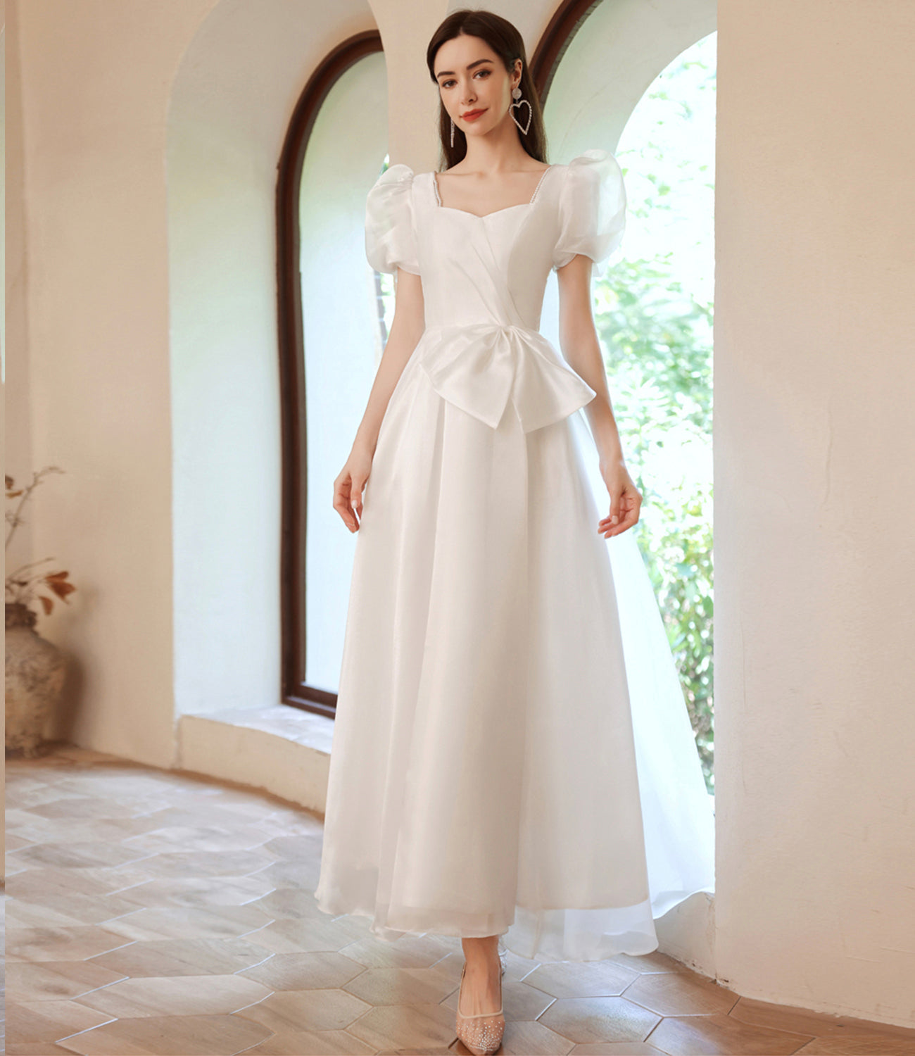White tulle tea length prom dress white evening dress  10143
