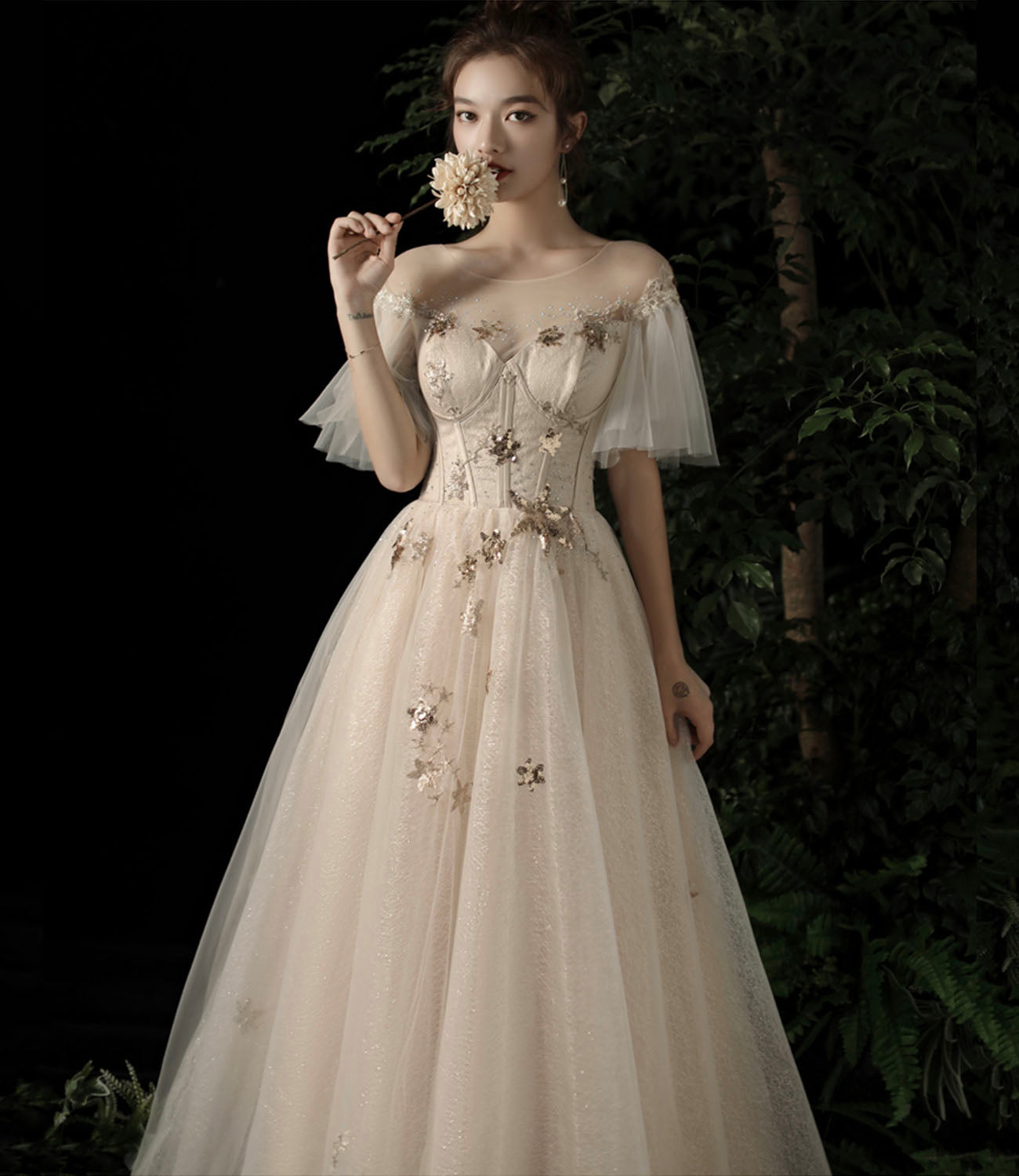 Cute tulle sequins long prom dress evening dress  10196