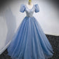 Blue tulle sequins long prom dress blue evening dress  10159