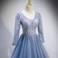 Blue tulle sequins long prom dress blue evening dress  10156