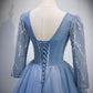 Blue tulle sequins long prom dress blue evening dress  10156