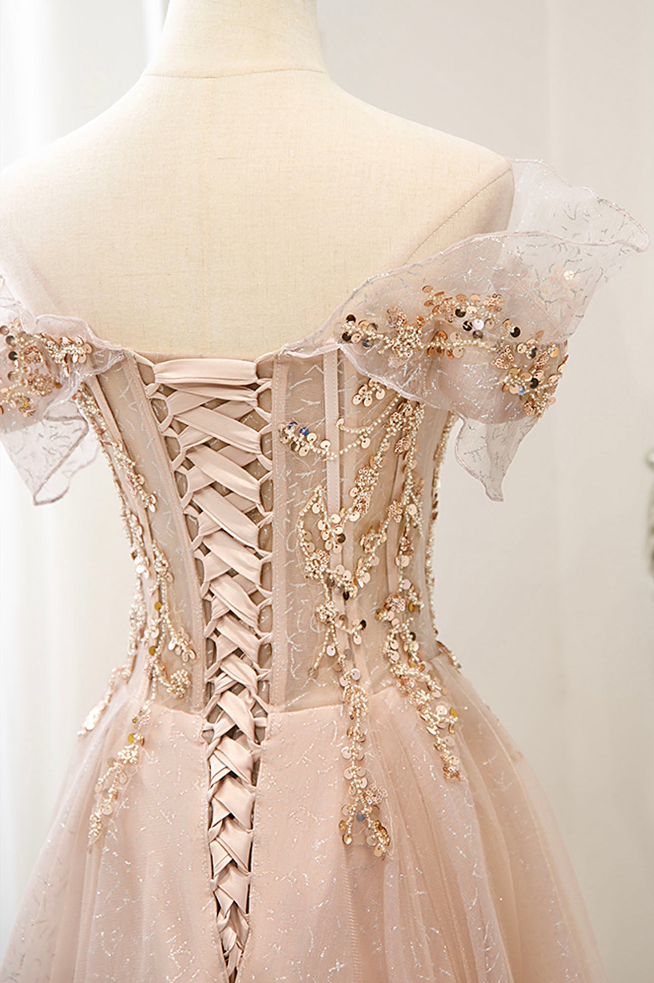Pink tulle sequins long prom dress pink evening dress  10173