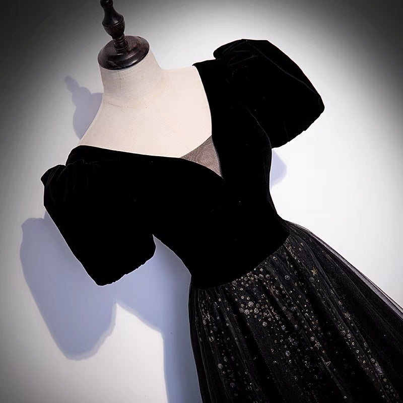 Black velvet tulle long prom dress A line evening gown  10106