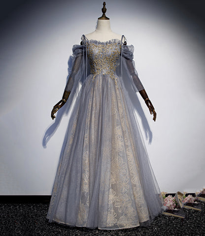 Gray tulle sequins long prom dress evening gown  10120